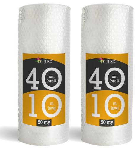 2x Luftpolsterfolie 40cm x 10m (50my) | Schutzpolsterfolie für empfindliche Gegenstände | Versand- und Verpackungsfolie für Umzüge | 100% recycelbar, Premium Qualität Noppenfolie Rolle | mituso