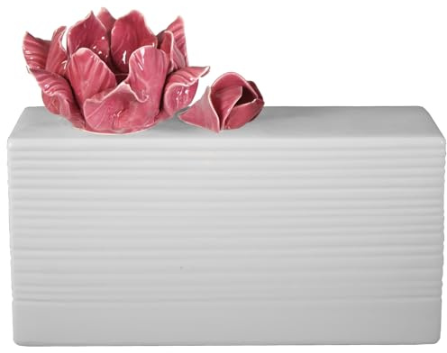 Jarron de Ceramica Rectangular Blanco con la Boca Rosa en Forma de Flor 32x12,5x12 cm