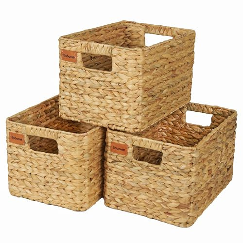 Bobovie Bobo-Bsk-Osize-2 Large Water Hyacinth Wicker Storage Baskets, 36 x 26 x 22 cm - Great Storage Solution for Shelving and Pantry, Set of 3