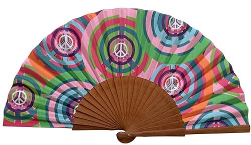 Tusitala Barcelona - Peace Handfächer – Spanischer Fächer aus Holz und Baumwolle – handgefertigt – natürlicher Jute-Bezug im Lieferumfang enthalten – originelles Geschenk – 23 cm.