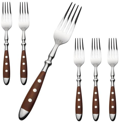 Alata Lot de 6 fourchettes de table modernes en acier inoxydable avec poignées marron modernes - Fourchettes et cuillères - Idéal pour la maison, le restaurant, les fêtes en plein air, les mariés -