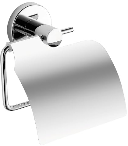Gedy FELCE Plus Portarrollos Papel higiénico baño con Tapa, Cromo, Acero Inoxidable, Adhesivo, sin Taladro, 13,5 x 5,5 x 14,5