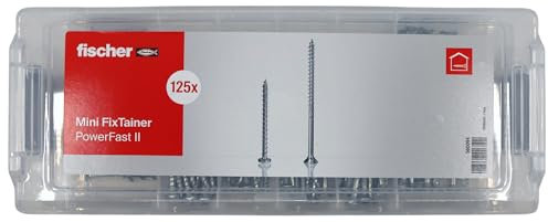 fischer Mini FixTainer PowerFast II Spanplattenschraube, vorsortierte Sortimentsbox mit 125 Schrauben, Senkkopf, Panhead, Teilgewinde, Vollgewinde und TX-Antrieb, universelles Set zur Befestigung