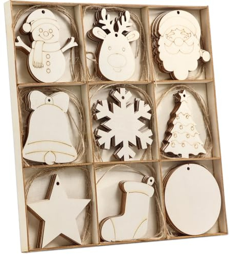 Wohohoho 45Pcs Unfinished Paintable Blank Wooden Christmas Ornaments with Tray, 9 Designs DIY Predrilled Wood Ornaments for Crafts. Christmas Tree Hanging Decorations Xmas Art Birthday Gift for Kids