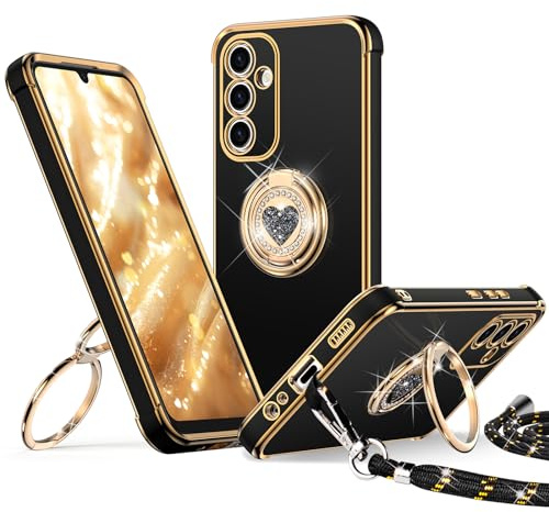 XYZ für Samsung Galaxy A16 5G Hülle mit Band, Schwarz | Herzen Doppelring Ständer HandyHülle, Frauen Mädchen Dünn Stoßfeste Case mit Handykette, Anti Kratzt SchutzHülle