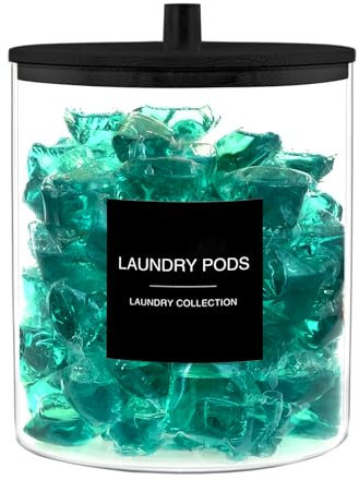 TIPGO Laundry Pods Container with 27 Labels, Glass Jars for Laundry Room Organization, Detergent Holder with Bamboo Lid, Cute Storage Jars, Black (Set of 1)
