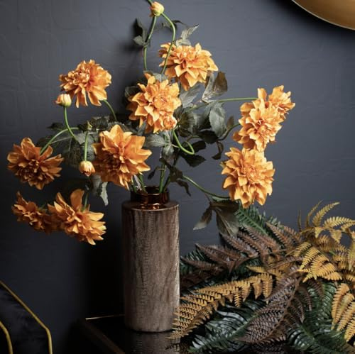 Artificial Orange Flowers, 1x Faux Silk Dahlia Spray, Realistic Burnt Orange Dahlia Flower Stem, 1 Luxury Realistic Summer Flower Stem for Bouquets/Floral Displays, Artificial Dahlia Spring Flower