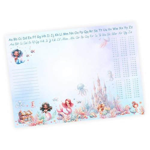 A3 Schreibtischunterlage Meerjungfrau Unterwasser mit kleinem 1x1 und Alphabet Notizblock 50 Blatt Malunterlage Papier 50 Blatt Kinder Mädchen Schreibtisch Auflage