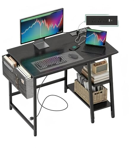 Black Computer Desk, 80cm Gaming Desks, with with USB Charging Port & Power Outlet, Office Laptop Table, Study Tables with Metal Frame, Wood with Floating shelves, for Bedroom, Living Room