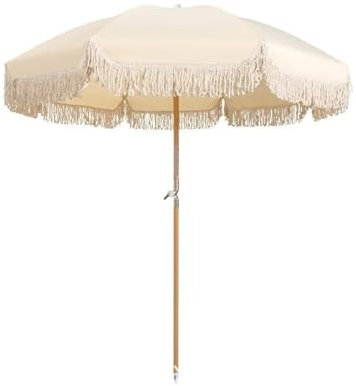 Ombrellone da spiaggia con frange in legno, pieghevole, per vacanze, giardino, prato, piscina, cortile, Colore unico, Beige