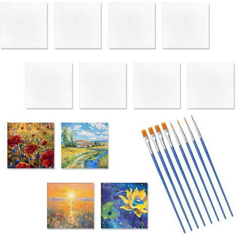 APOMOONS 12 Pièces Toile Peinture avec 8 Brosses, 7.5 X 7.5 Cm Aimantés Tableau Peinture Sur Toile, Décoration de Réfrigérateur, Toile a Peindre pour L'acrylique, L'huile et L'aquarelle