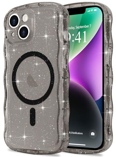 Pepmune für iPhone 14/13 Hülle Glitzer Kompatibel mit MagSafe, Schwarz | Transparent Wellenform Handyhülle. Wellen Design TPU Bumper Silikon Case. Stoßfest Schutzhülle für Mädchen.