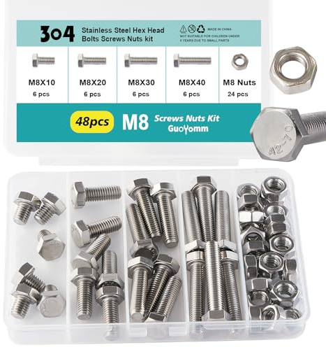 GuoYomm Set di 48 viti M8, set di viti esagonali in acciaio inox 304, bulloni e dadi, viti per macchina, lunghezze: 10mm, 20mm, 30mm, 40mm
