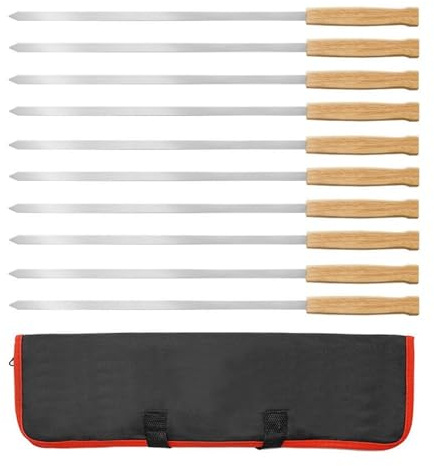 YIZITU 8 pinchos planos anchos de acero inoxidable de 17 pulgadas de largo, tenedores planos para acampar al aire libre, tenedor de barbacoa de metal con mango de madera, tenedor de barbacoa de metal