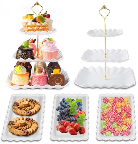 Wgbon 5 Pack Dessert Table Display Set, 2 Sets 3 Tier Cupcake Stand, 3 Pcs Food Serving Trays, Tiered White Plastic Cup Cake Tower for Birthday Baby Shower Wedding and Tea Party Supplies (5, Large)