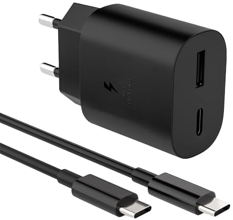 Samsung USB C Charger 25W, 2-Port Quick Charge USB-C and USB-A Socket with Cavo Type C for Samsung Galaxy S25 S24 S23 S22 S21 S20 Ultra FE,A56 A55 A54 A36 A35 A34 A16,Z Flip 7/6 AC Adapter