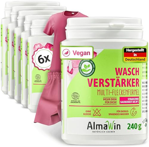 AlmaWin® Waschverstärker [6x 240g] mit Multi-Fleckenformel - Waschkraftverstärker ohne Bleichen - Fleckenentferner für strahlende Sauberkeit ab 20°C - Entfernt Blut, Deo, Gras & Mehr - VEGAN