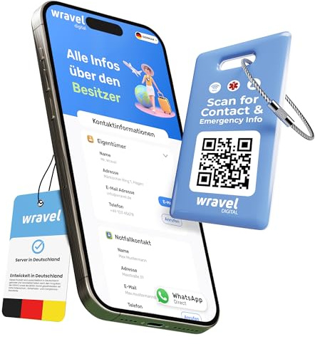 Digitaler Kofferanhänger mit NFC & QR-Code | Sicherer Gepäckanhänger mit digitalem Adressprofi | Privatsphäre Schutz, Finderlohn & Reiseinfos | für Reise, Geschäftsreise & Backpacking (Blau)