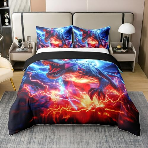 Feelyou 3D Dino Duvet Cover 100% Cotton Twin Size Dinosaur Bedding Set for Kids Boys Girls Decor Wild Animal Comforter Cover Breathable Soft Red Blue Lightning Bedroom Decor