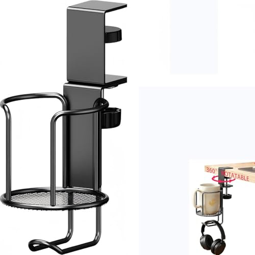 PEZEEU Soporte Taza Escritorio 360° Giratorio Portavasos Abrazadera Clip | con Gancho Antiderrames Organizadores de tazas Abrazadera Clip porta vasos para Hogar,Oficina,Gaming