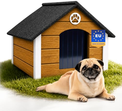 Outentin Hundehütte Outdoor Isoliert - Hundehaus für Mittelgroße Hund - Winterfest und Wetterfest - Hunde Haus für Draußen mit schrägem Dach - Stabile Villa und Moderne Design - 76 x 63 x 60cm-Eiche