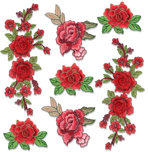 7 Stück Bestickt Rose Bügelbilder Blumen Rote 3D Blumen Applikation - Bügelbild Blumen- Applikationen | Ideal Für Kleidung, Hüte, Taschen, DIY-Projekte