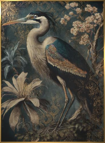 STYLER Bild Green Heron 50x70 cm mit goldenem Rahmen – Edles Wandbild im Vintage-Botanischen Stil – Reiher Dunkelgrün Gold Luxuriöse Natur-Deko