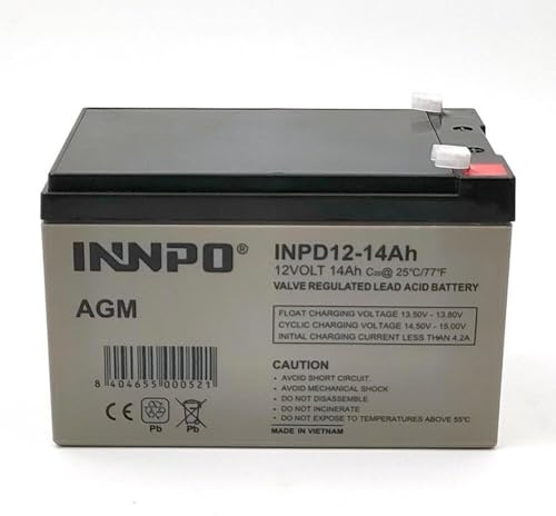 INNPO INPD12-14Ah Batería Plomo AGM, 12V, 14Ah, Tecnología AGM, 151x98x98mm, 4.4kg, para Energía de Respaldo, SAI y Vehículos
