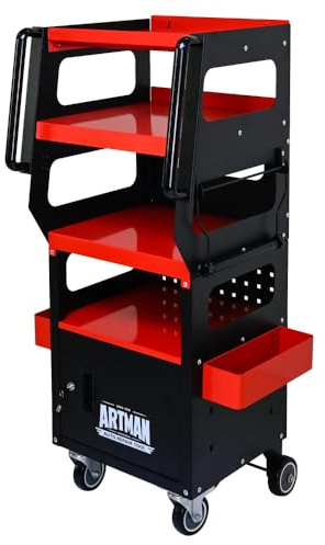 4-Level Multi-Purpose Trolley, Heavy Duty Tool Cart on Wheels with Lockable Cabinet, Mobile Tool Chest Organizer & Diagnostic Service Cart, 360° Swivel Casters for Mechanics, Garage, Workshop, 4-Tier