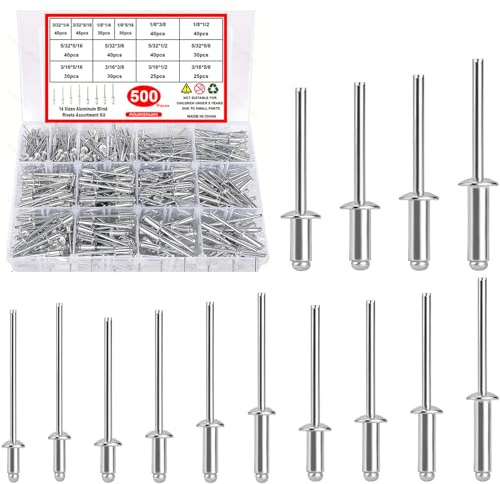 500-teiliges Aluminium Blindnieten Set, Popnieten mit großem Flansch (2.2–6.2 mm x 7–16 mm), Alu-Nieten für Metall, Holz, Möbel & Marine – inkl. verschiedene Größen