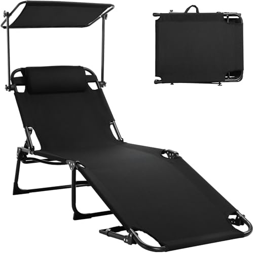 LIFERUN Tumbonas Plegables,190 x 59 x 32 cm,Carga 150 kg,con Reposacabezas Parasolar y Respaldo 5 Posiciones,para Piscina, Terraza y Jardín, Negro