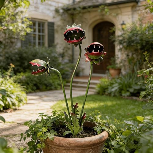 Piquet De Jardin En Métal Fantaisiste Plants Carnivores, 25 Inch Piquets De Plants Métal Jardin, Grands Piquets Sculpture Jardins Plant Venus Flytrap Décoratifs, Novelty Piquet Plant Carnivores
