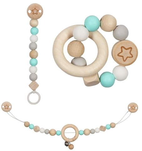 goki 6626 - Baby Greifspielzeug Set Lifestyle Sternmotiv, 3-teilig mit Kinderwagenkette, Schnullerkette und Greifling, MADE IN GERMANY Geschenk zur Geburt, fördert Motorik und Greifreflex ab Geburt