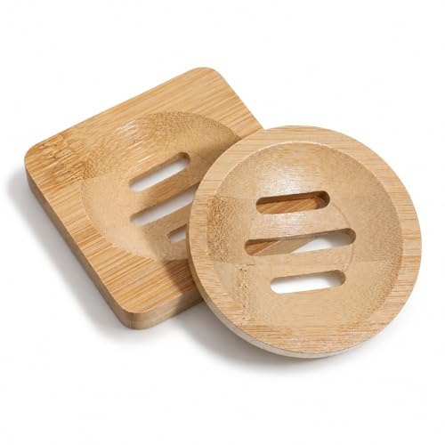 Grevosea 2-pack tvålskål i bambu, tvålhållare i trä, tvålhållare, självdränerande tvålfat för dusch handfat badkar hem kök badrumstillbehör (rund och fyrkantig)