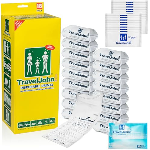TravelJohn Disposable Urinal Bags 28oz (18 Pack) – Road Trip Essentials for Men, Women & Kids – Odorless Leakproof Portable Urine Bags – Ideal for Camping, Emergencies & Long Car Rides (TJ1A-C)
