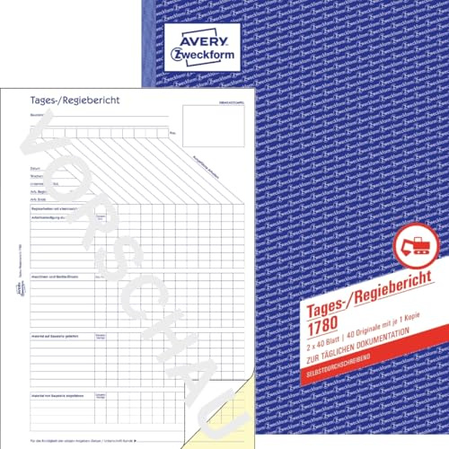AVERY Zweckform 5 x Formularbuch Tages-/Regiebericht A4 selbstdurchschreibend 2x40 Blatt
