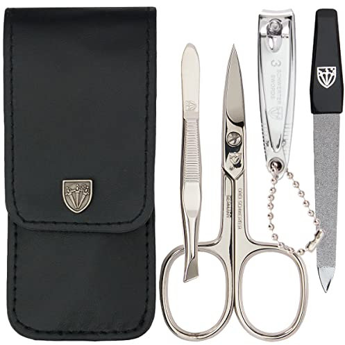 DREI SCHWERTER - 4-tlg. Nagelpflegeset 'Capri' | Hochwertiges Nageletui für Maniküre und Pediküre. Farbe: Kunstleder Schwarz | Inhalt: Nagelschere, Nagelknipser, Pinzette, Saphirnagelfeile