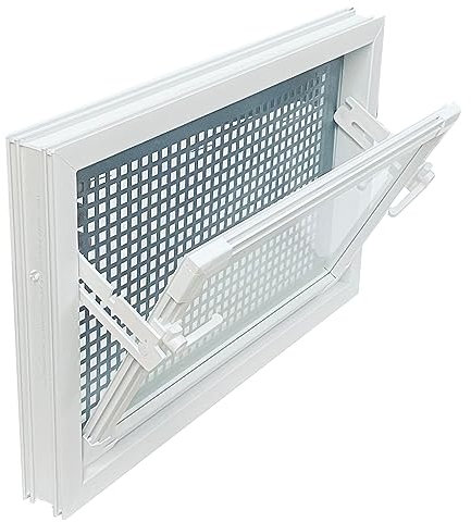 Trobak Kellerfenster weiss 80 x 40 cm Einfachglas, Schutzgitter, montierter Insektenschutz, 4 Fensterbauschrauben