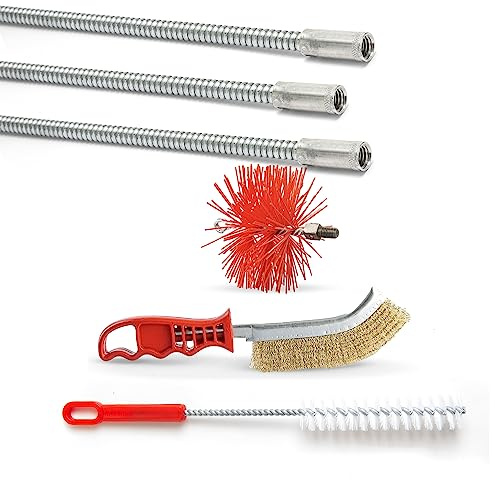 BARETTO Schornsteinreinigungsset mit 3 flexiblen 1 Meter Langen Federstäben, 90° Biegung und Nylonbürste (180 mm)