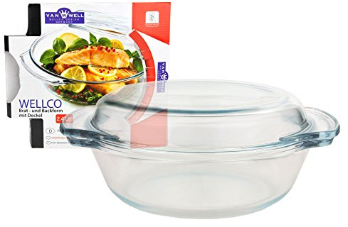 Van Well Plat à rôtir en verre de qualité supérieure - 2,4 l - Avec couvercle - Plat rond de 23 cm de diamètre - Verre résistant à la chaleur - Pour four et micro-ondes