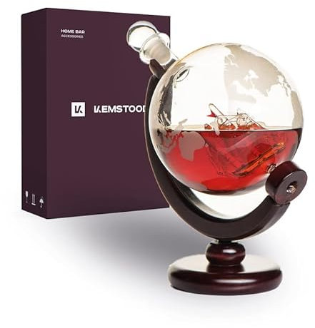Kemstood Carafe whisky (850 ml) avec globe gravé pour liqueur, bourbon, vodka dans un coffret cadeau haut de gamme – Accessoires de bar pour homme – Pour tous les types de boissons alcoolisées