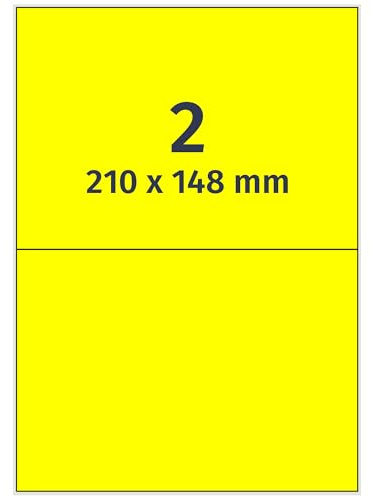 Farbige Etiketten auf A4 Bogen, neongelb - 210 x 148 mm - 200 Papier Aufkleber auf 100 Blatt, selbstklebende Laser-Etiketten fluorisierend leuchtfarbig
