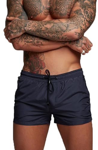 TMEOG Maillot de Bain Homme Short de Plage Piscine Boxer de Bain avec Poche Zippée(S,Bleu Marine)