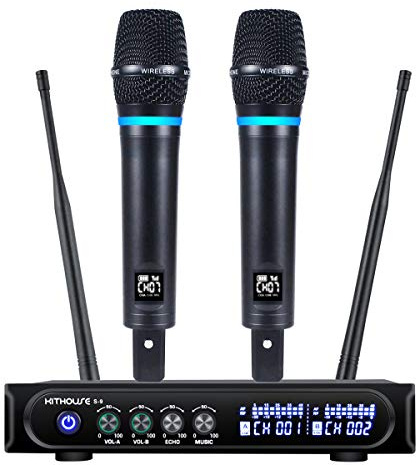 Kithouse S9 UHF Rechargeable Wireless Microphone System Karaoke Microphone Wireless Mic Cordless Dual with Bluetooth Receiver Box + Volume Control ECHO for Karaoke Singing Speech Meeting Church, 200FT