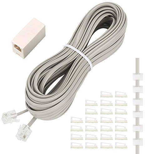 Uvital Phone Extension Cord 33 Ft, 10M Telephone Cable with Standard RJ11 Plug and 1 in-Line Couplers and 20 Cable Clip Holders, Grey