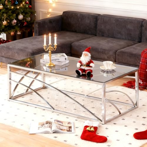 AINPECCA Coffee Table Stainless Steel end table with Light Grey Tempered Glass Design Living room