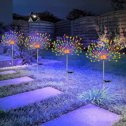 4 PCS Solar Firework Light, Outdoor Solar Garden Decorative Lights 120 LED Powered 40 Copper Wires String DIY Landscape Light for Walkway Pathway Backyard Christmas Decoration Parties (Colorful)