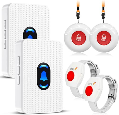 Daytech Nödsamtal armband för seniorer hussamtal med nödsamtalsarmband för hemvård nödsamtal seniorer för vuxna och barn, område 50 meter (2 x mottagare 2 x sändare 2 x SOS-armband)