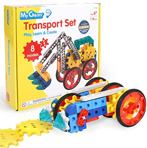 edxeducation My Gears Transport-Set, 118 Teile, 8+ Aktivitäten, 4-8 Jahren | Zahnrad Spielzeug, Baue rotierende, bewegliche Modelle - Konstruktionsspielzeug für Kinder