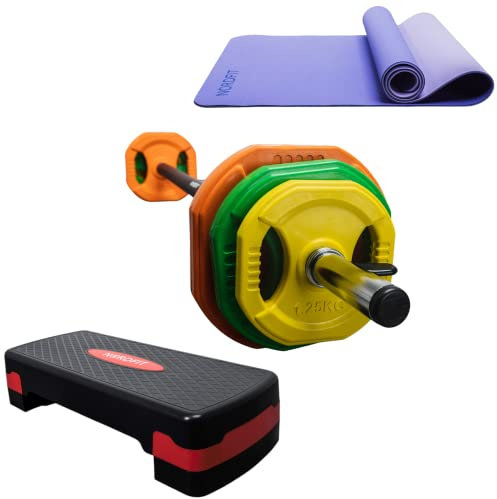 NORDFIT - 20kg Barbell Weights Set - Studio Pump Weights Bundle - With Yoga Mat and Fitness Exercise Step - Home Exercise Gym Equipment